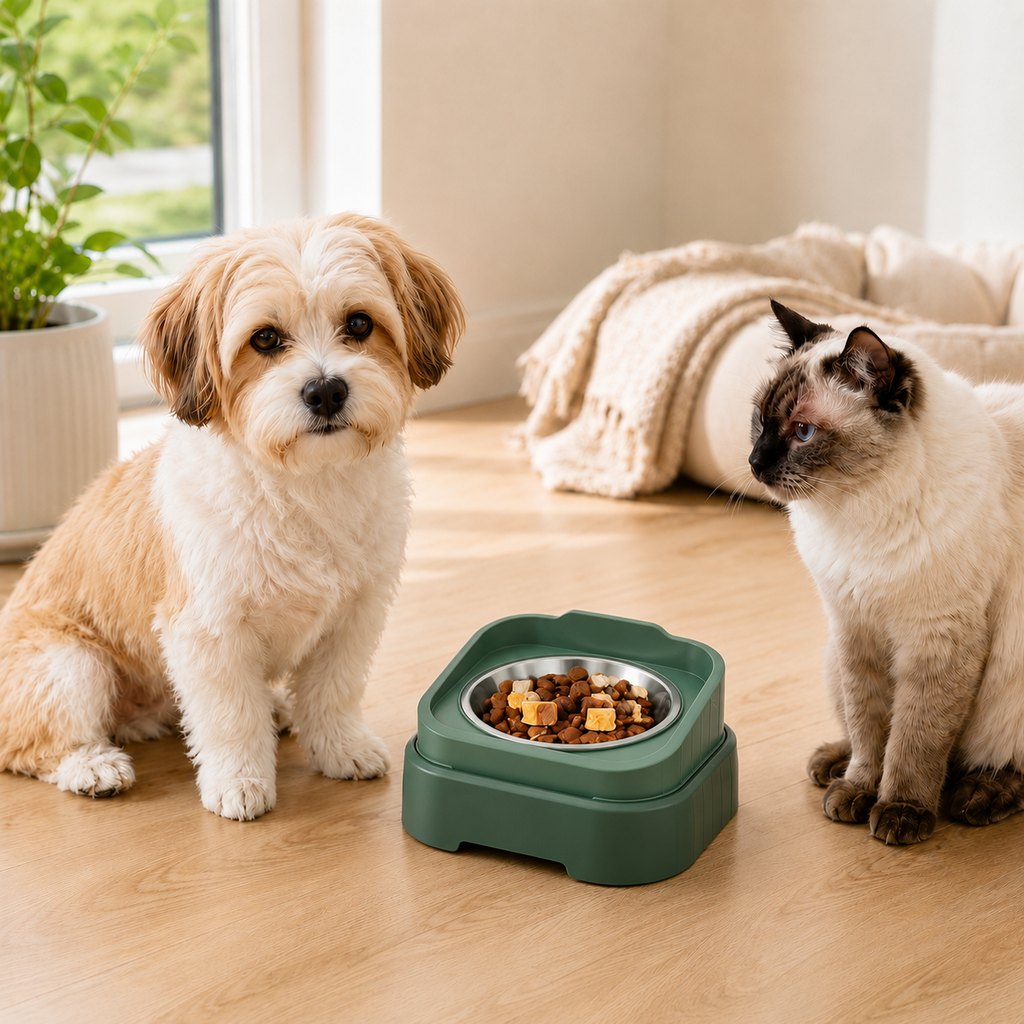 Malloren Adjustable Elevated Slow Feeder Pet Bowl for Cats & Small Dogs - Less Mess, Slower Meals & Easy Cleaning