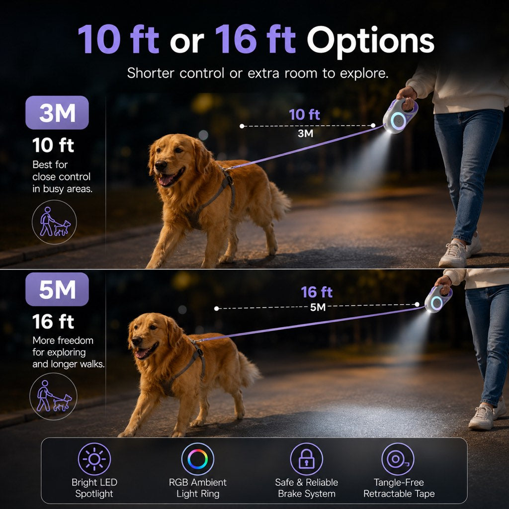 Malloren LED Retractable Dog Leash for Night Walks - Light-Up Dog Leash with Built-In Spotlight, RGB Side Glow & One-Touch Brake for Safer Evening Walks