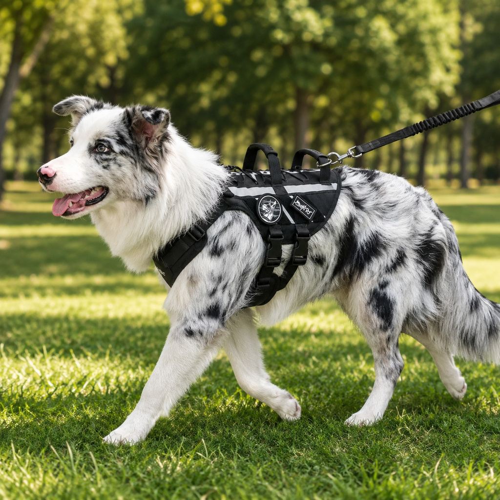 Malloren Outdoor Dog Harness & Bungee Leash Set with Dual Handles, Storage Pouch & Patch Accessories for Hiking, Walking and Everyday Adventures