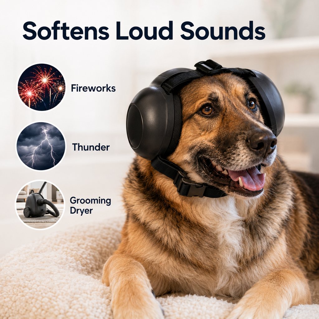 Malloren Dog Noise-Reducing Ear Muffs for Fireworks, Thunderstorms & Grooming - Adjustable Anxiety Comfort Ear Protection for Medium & Large Dogs