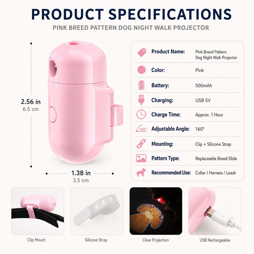 Malloren PawGlow Pink Breed Projector Dog Light for Night Walks - USB Rechargeable Clip-On Pet Light for Extra Visibility & Fun