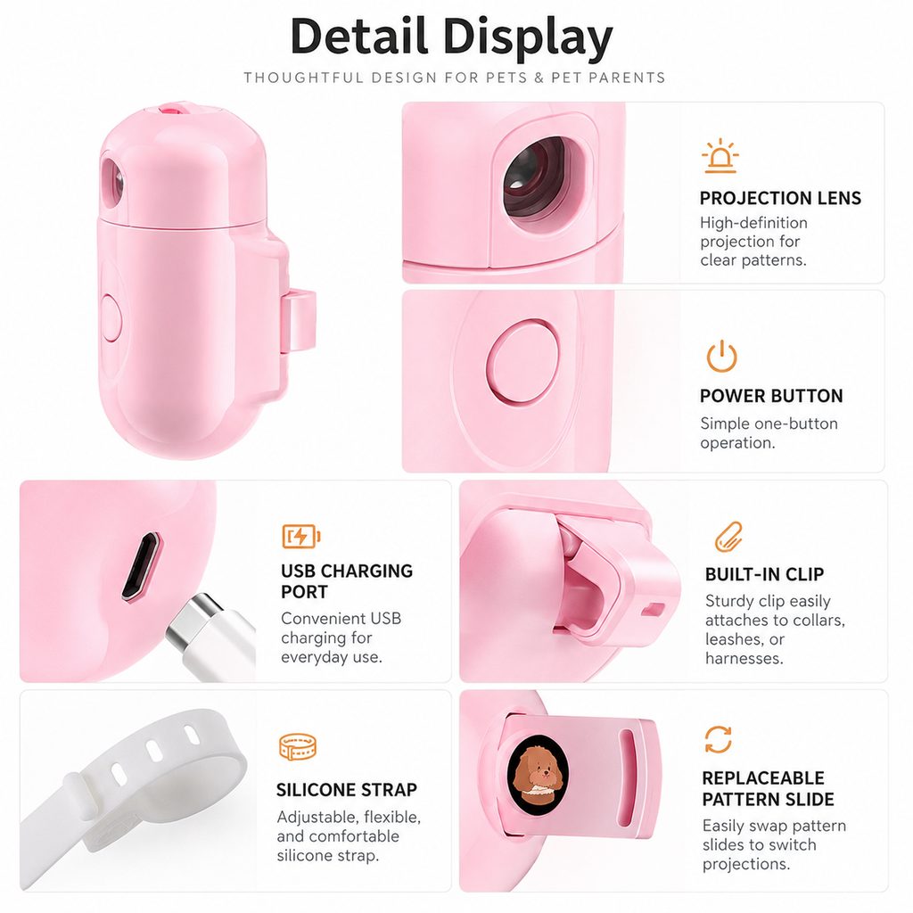 Malloren PawGlow Pink Breed Projector Dog Light for Night Walks - USB Rechargeable Clip-On Pet Light for Extra Visibility & Fun