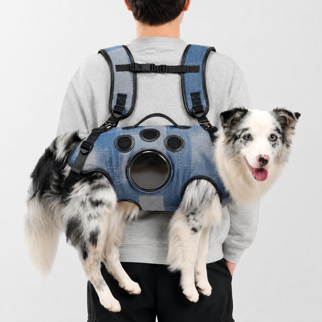 Malloren PawLift Denim Hands-Free Dog Carrier Backpack Harness for Walks, Shopping & Outdoor Trips - Carry Tired Dogs Without Arm Strain