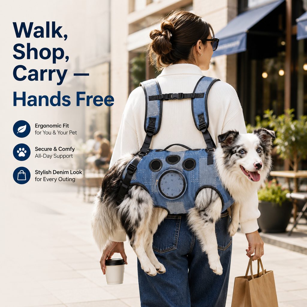 Malloren PawLift Denim Hands-Free Dog Carrier Backpack Harness for Walks, Shopping & Outdoor Trips - Carry Tired Dogs Without Arm Strain