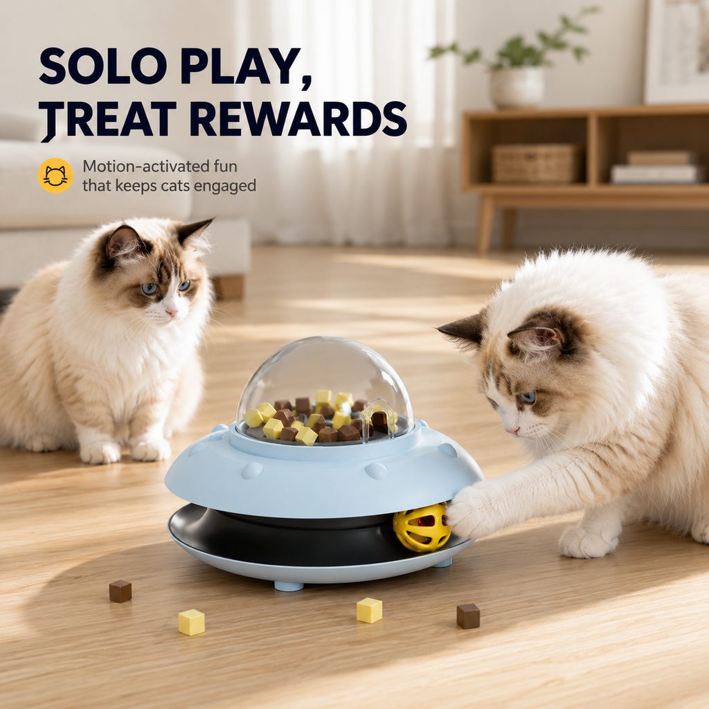 Malloren PawOrbit UFO Motion-Activated Cat Treat Dispenser Toy - Interactive Puzzle Feeder for Indoor Cats, Keeps Cats Busy While You Work