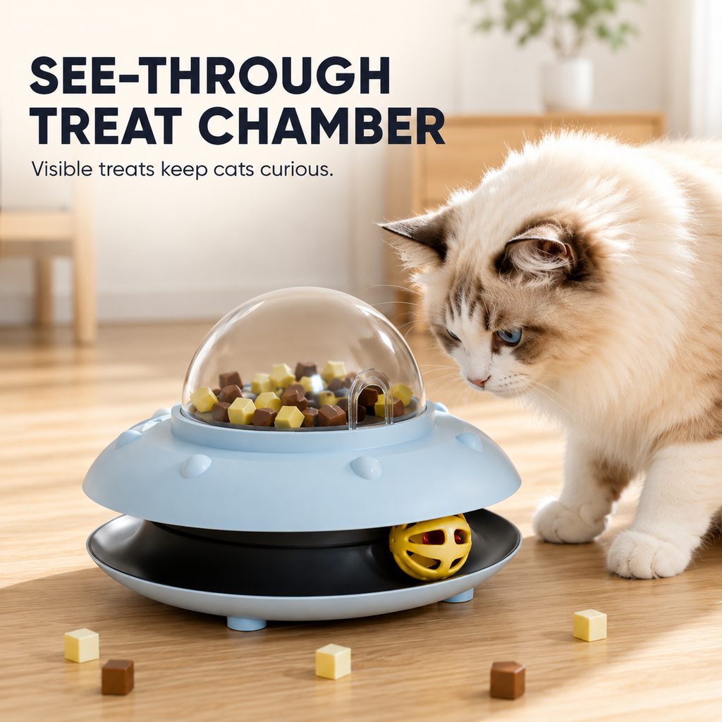 Malloren PawOrbit UFO Motion-Activated Cat Treat Dispenser Toy - Interactive Puzzle Feeder for Indoor Cats, Keeps Cats Busy While You Work