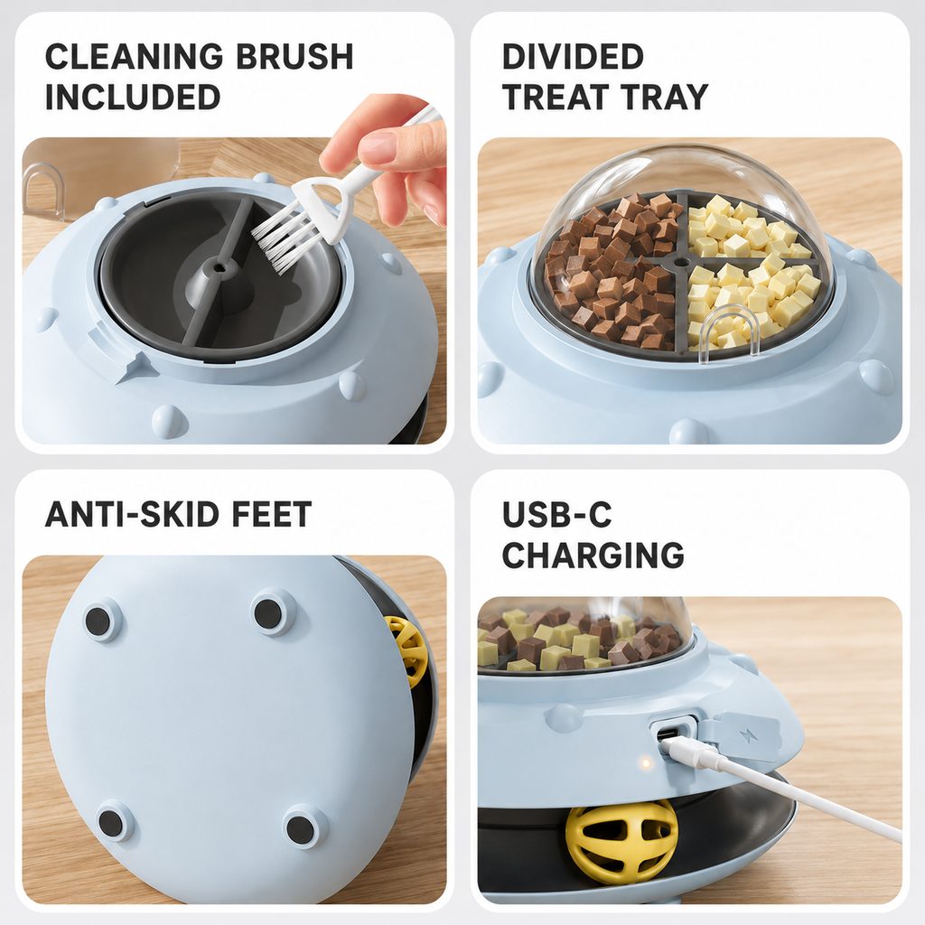 Malloren PawOrbit UFO Motion-Activated Cat Treat Dispenser Toy - Interactive Puzzle Feeder for Indoor Cats, Keeps Cats Busy While You Work