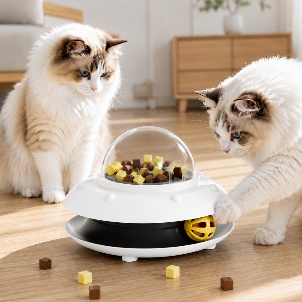 Malloren PawOrbit UFO Motion-Activated Cat Treat Dispenser Toy - Interactive Puzzle Feeder for Indoor Cats, Keeps Cats Busy While You Work