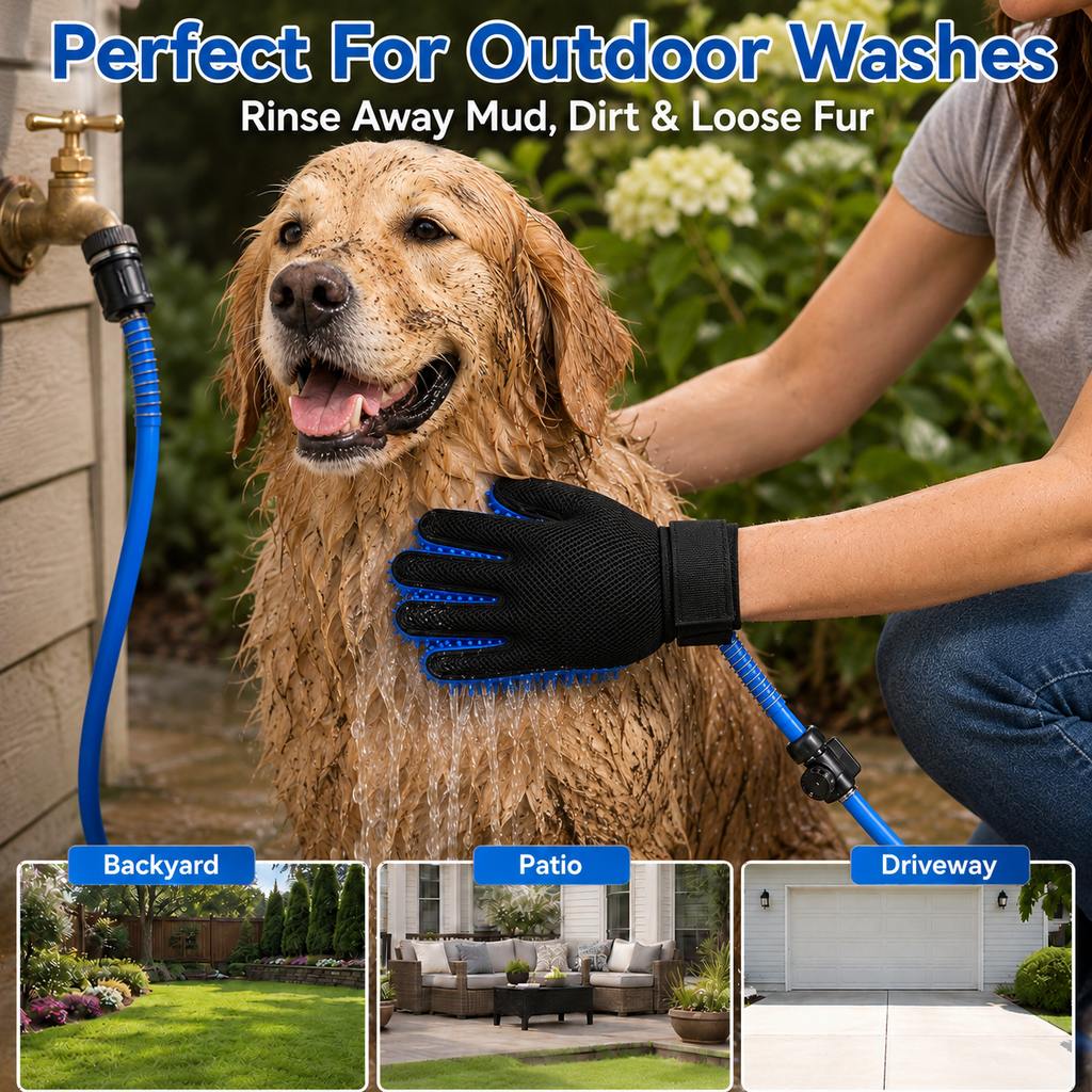 Malloren Pet Bathing Glove with Hose for Bathtub & Backyard Washes - One-Hand Water Flow Grooming Glove