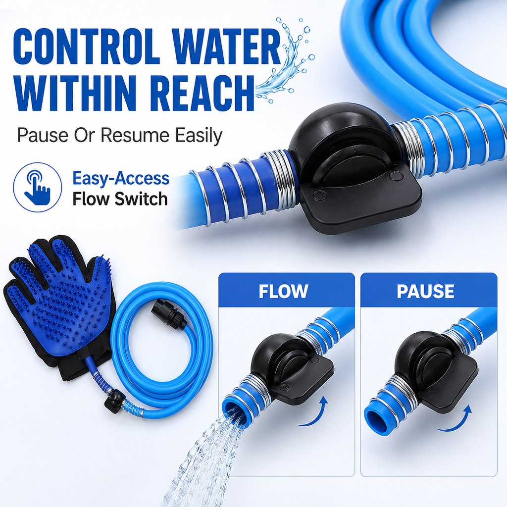 Malloren Pet Bathing Glove with Hose for Bathtub & Backyard Washes - One-Hand Water Flow Grooming Glove