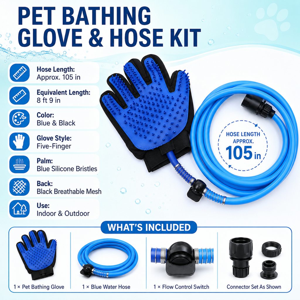 Malloren Pet Bathing Glove with Hose for Bathtub & Backyard Washes - One-Hand Water Flow Grooming Glove
