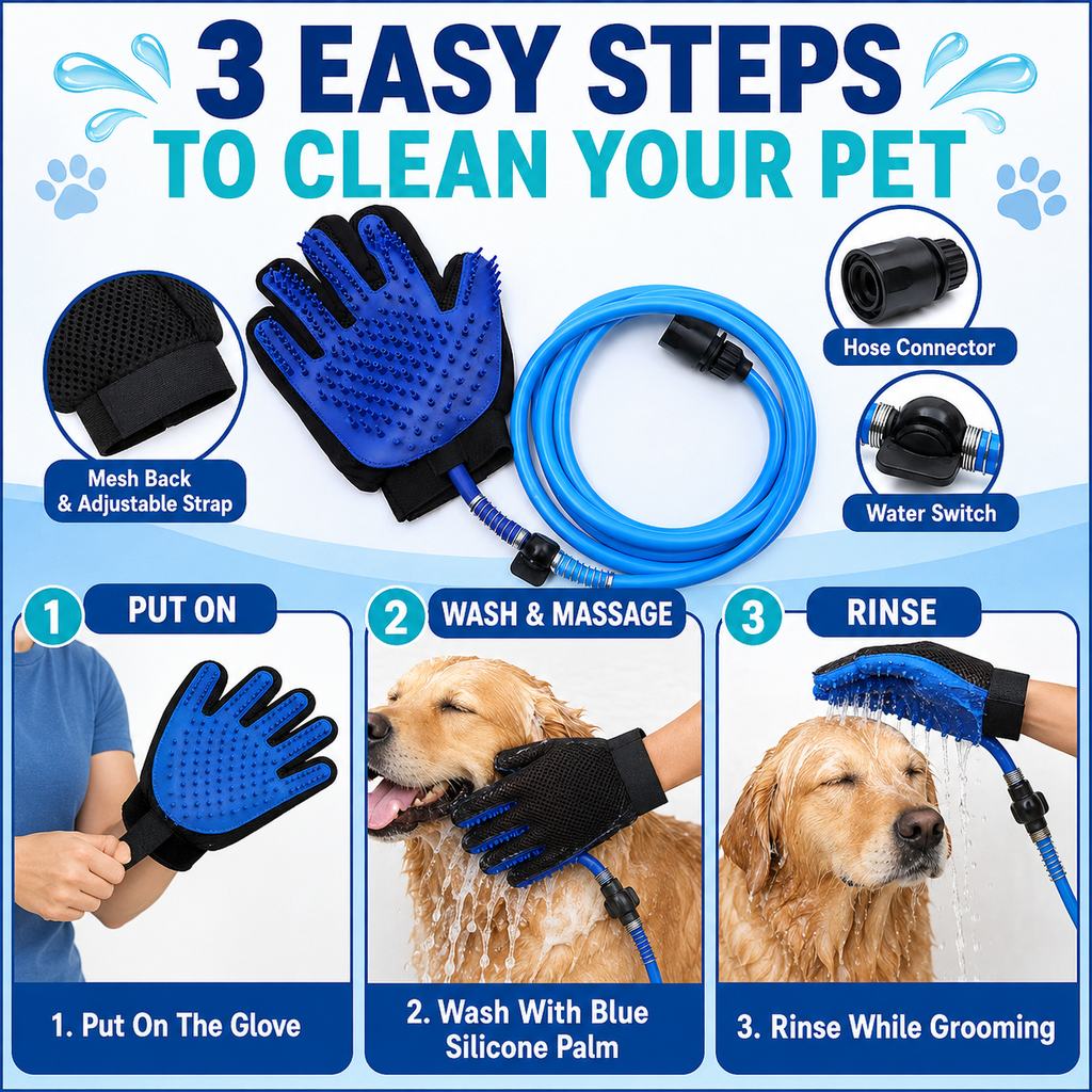 Malloren Pet Bathing Glove with Hose for Bathtub & Backyard Washes - One-Hand Water Flow Grooming Glove