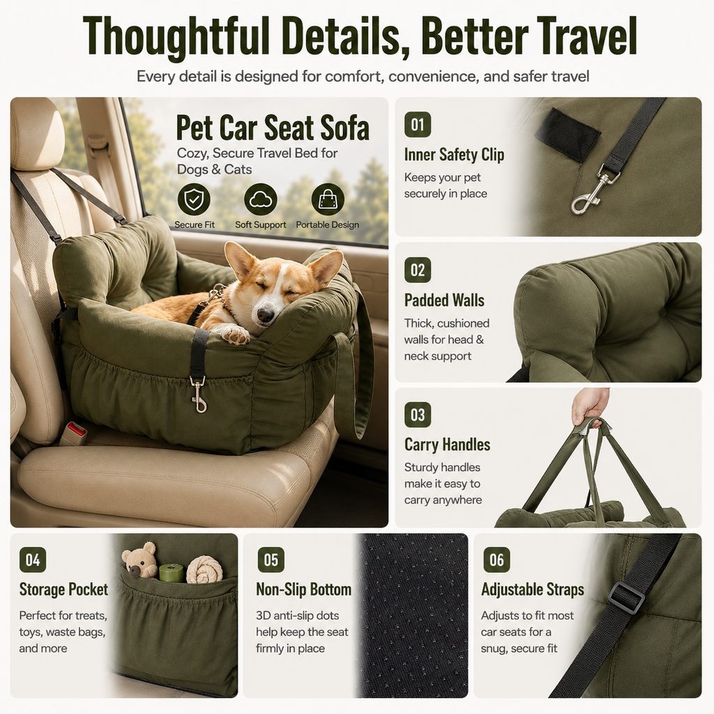 Malloren Pet Car Seat Sofa for Road Trips - Cozy Travel Bed for Calmer, More Secure Rides