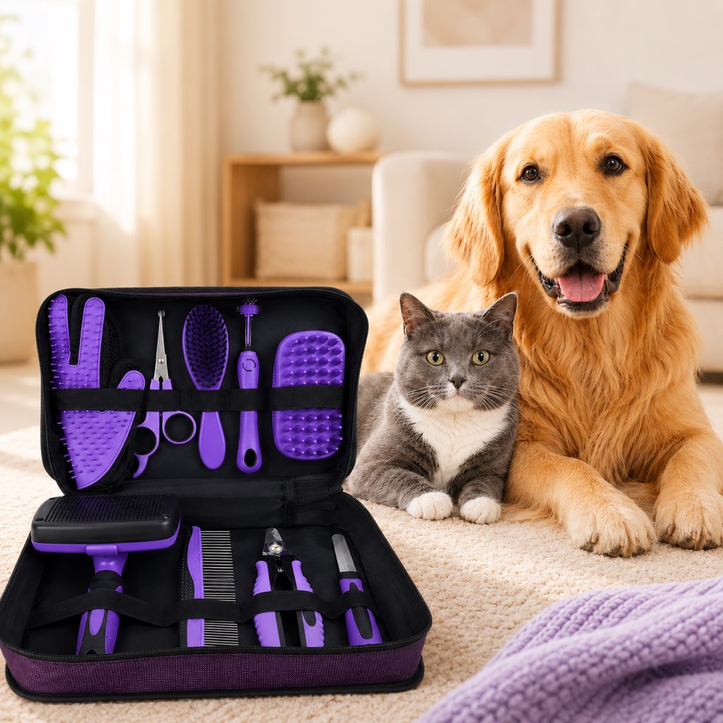 Malloren 9-Piece Pet Grooming Kit for Dogs & Cats – At-Home Grooming Solution for Shedding, Nail Care & Detangling (Travel-Friendly Case)