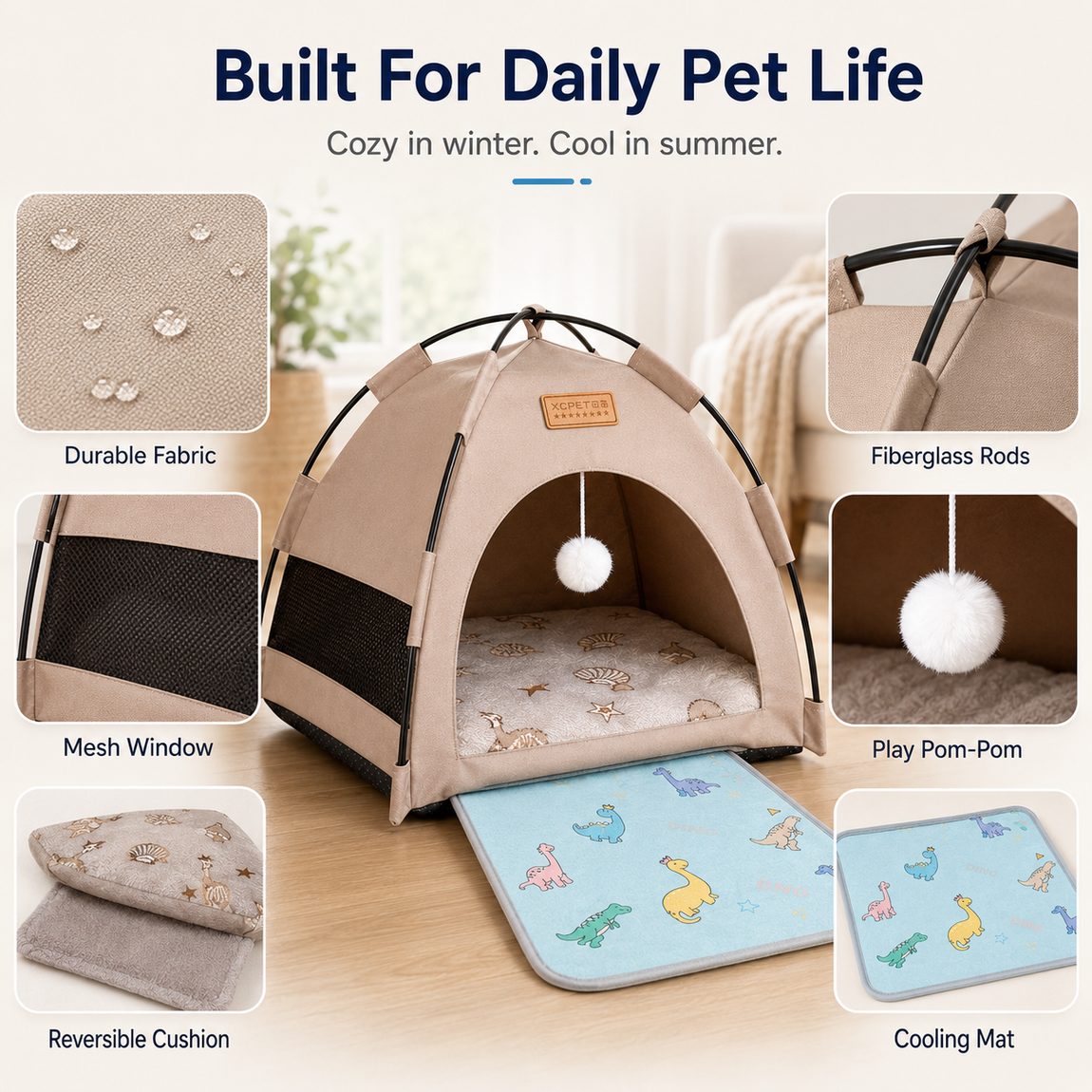 Malloren Pet Tent Bed with Cooling Mat for Indoor Naps & Hot Weather — Foldable Private Hideaway for Cats, Kittens & Small Dogs