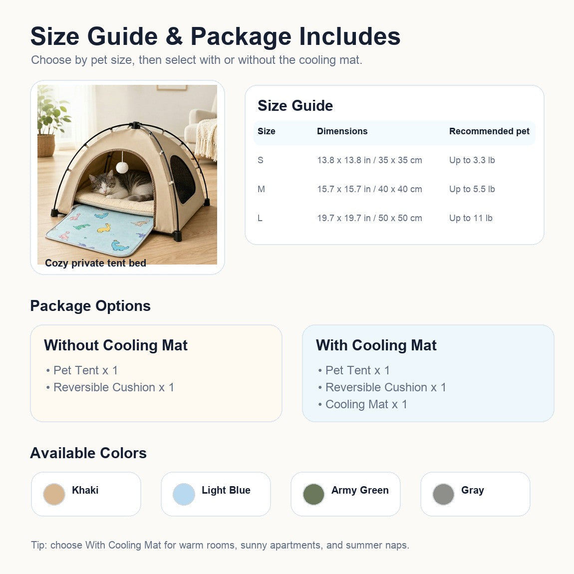 Malloren Pet Tent Bed with Cooling Mat for Indoor Naps & Hot Weather — Foldable Private Hideaway for Cats, Kittens & Small Dogs