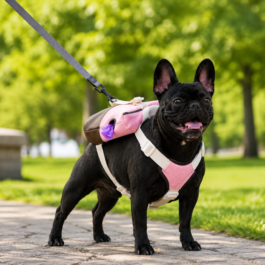 Malloren Frenchie Adventure Backpack Harness for Daily Walks - Carry Poop Bags, Treats & Keys Without Neck Pulling