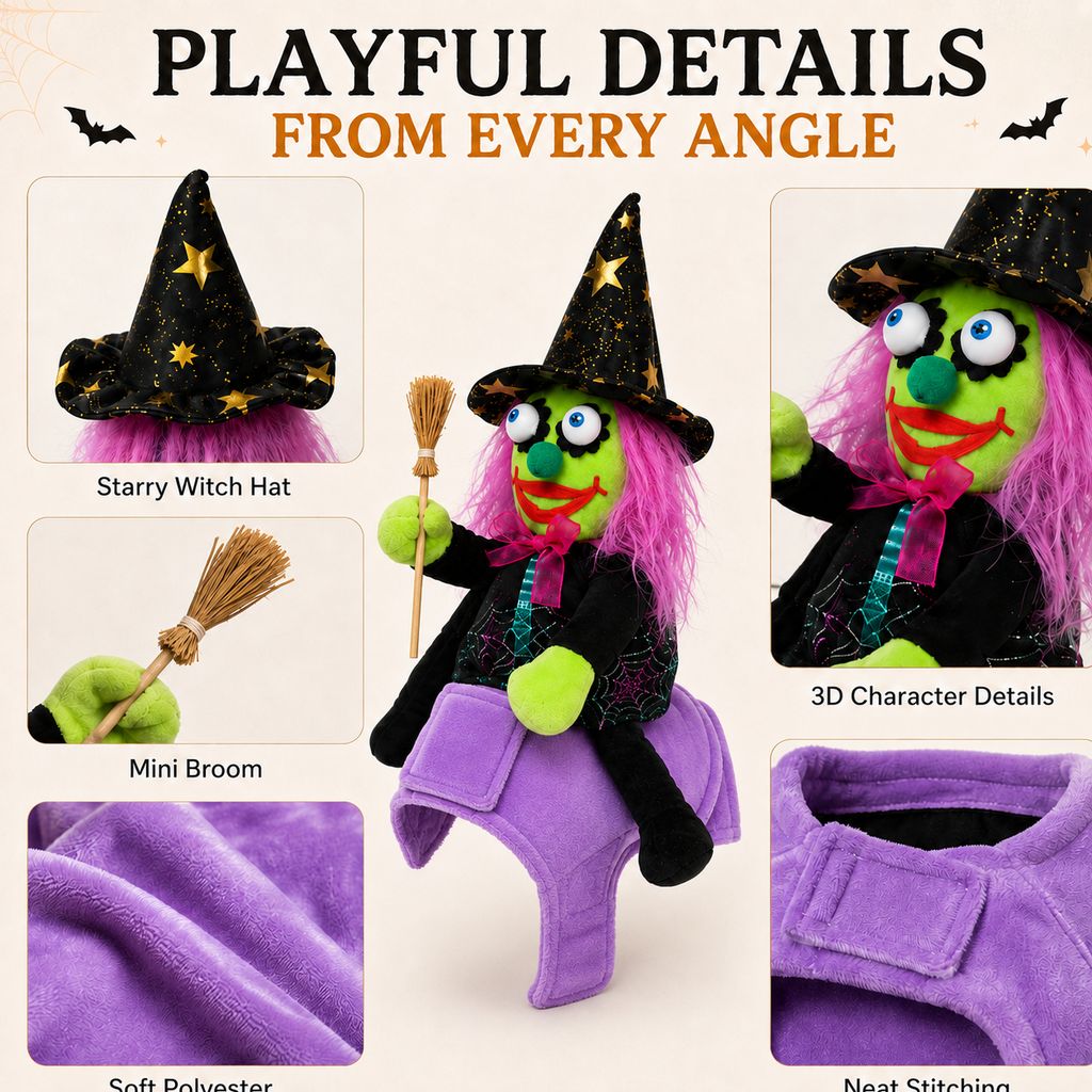 Malloren 3D Witch Rider Halloween Pet Costume for Trick-or-Treating, Parties & Photos – Instant Funny Look for Dogs & Cats
