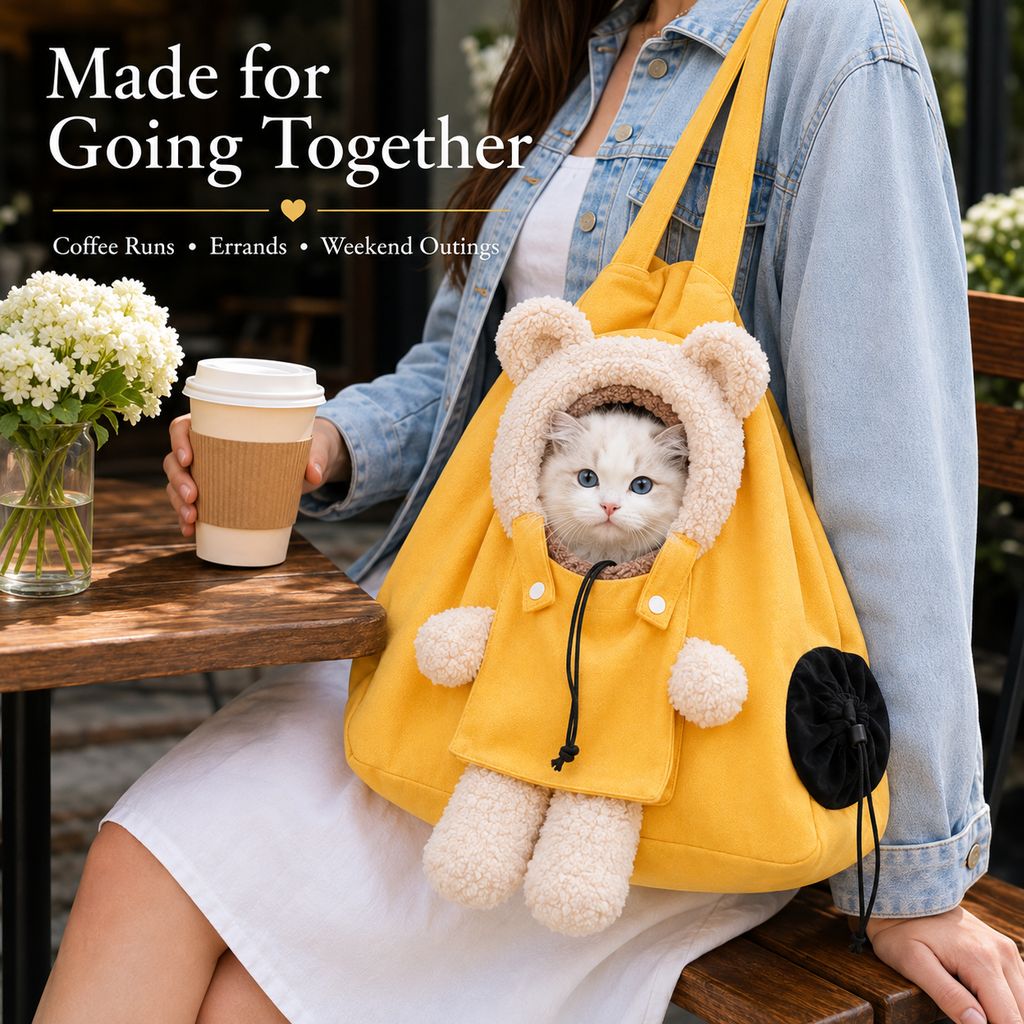Malloren Plush Bear Cat Carrier Tote Bag – Dual Head-Out Shoulder Carrier for Walks, Errands & Keeping Your Cat Close