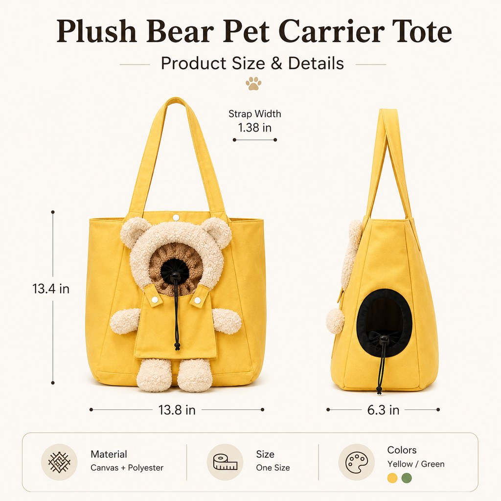 Malloren Plush Bear Cat Carrier Tote Bag – Dual Head-Out Shoulder Carrier for Walks, Errands & Keeping Your Cat Close