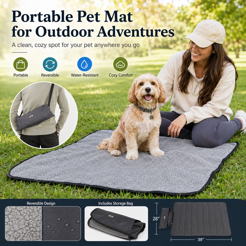 Malloren Portable Outdoor Pet Mat with Carry Bag - Foldable Travel Dog Blanket for Parks, Camping & Road Trips