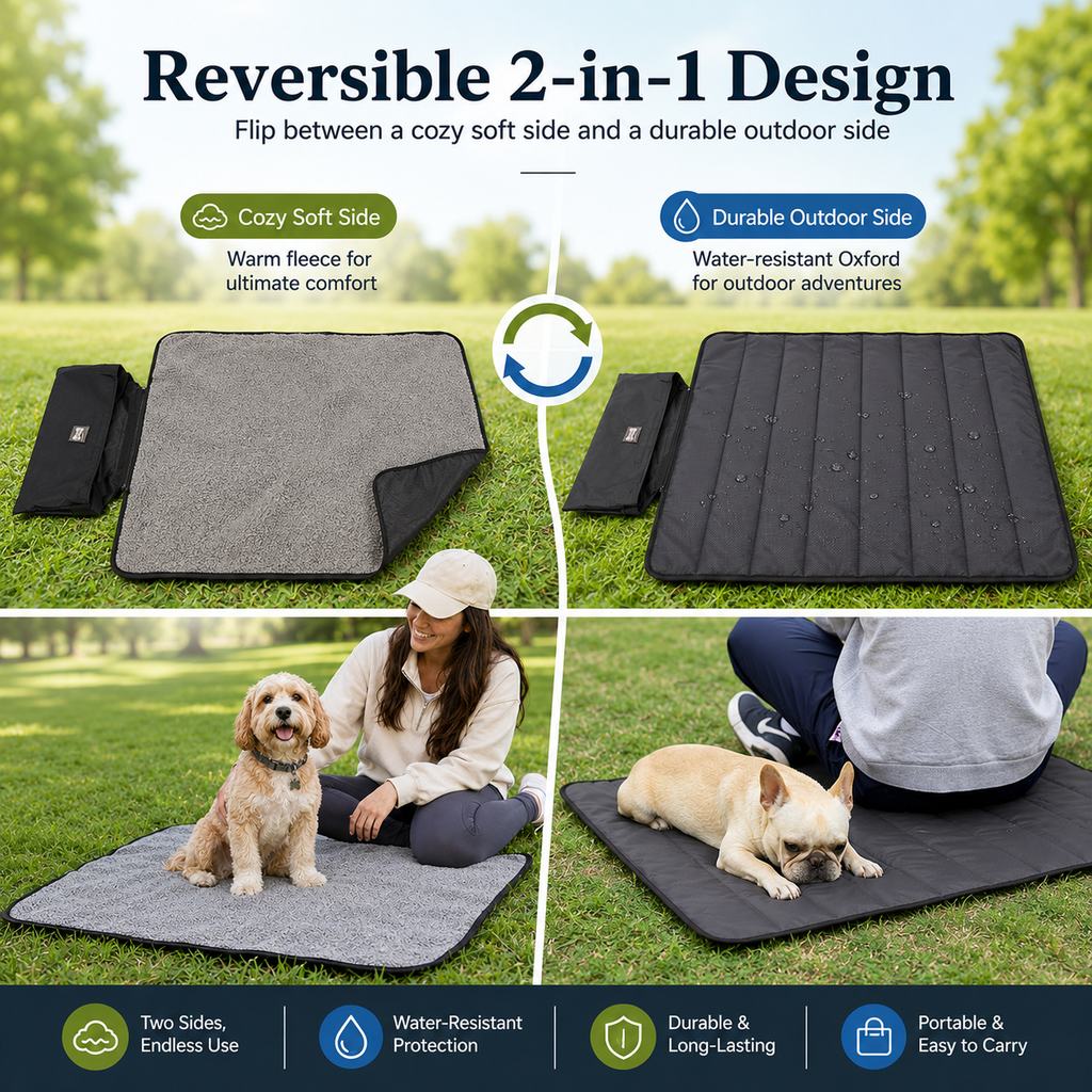 Malloren Portable Outdoor Pet Mat with Carry Bag - Foldable Travel Dog Blanket for Parks, Camping & Road Trips