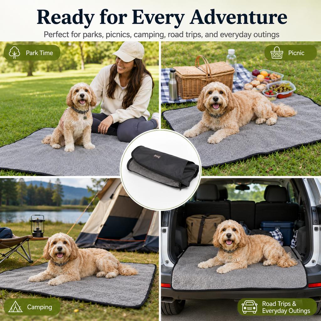 Malloren Portable Outdoor Pet Mat with Carry Bag - Foldable Travel Dog Blanket for Parks, Camping & Road Trips