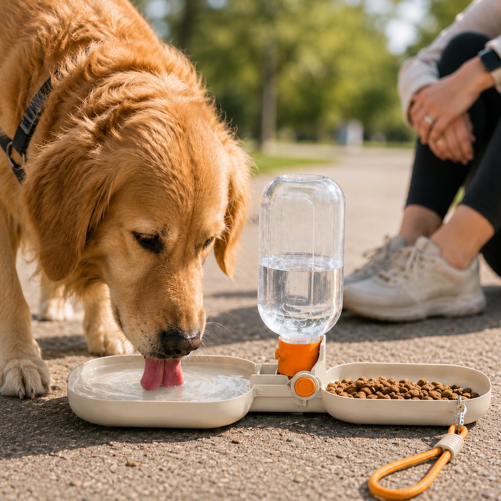 Malloren Portable Folding Pet Water & Food Cup for Walks & Hiking - 15.6 oz Leak-Resistant Dog & Cat Travel Bottle Bowl