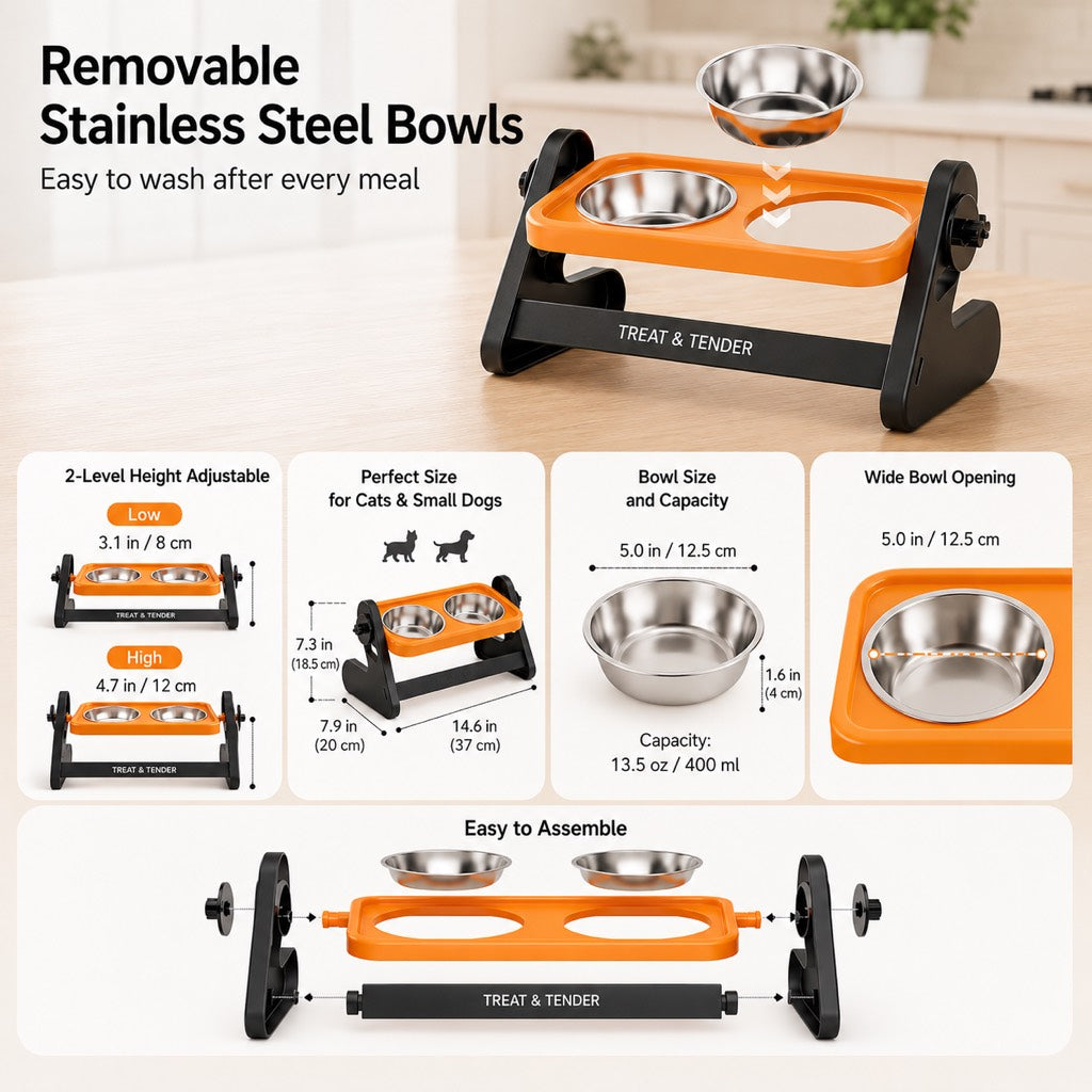 Malloren Adjustable Elevated Stainless Steel Pet Bowls for Cats & Small Dogs - Tilted Feeding Station for Easier Mealtime & Less Floor Mess