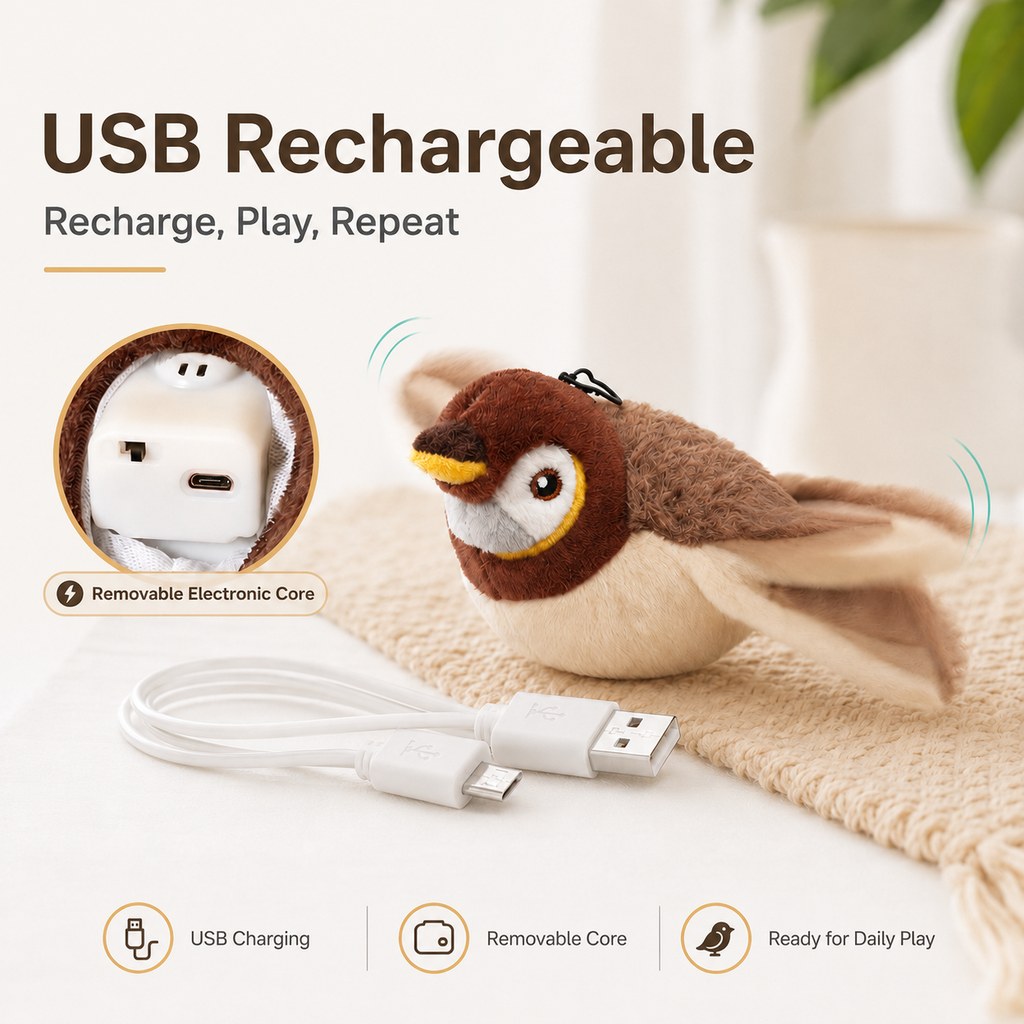 Malloren Rechargeable Interactive Cat Toy - Flapping Bird, Plush Animal & Motion Activated Toys for Indoor Cats