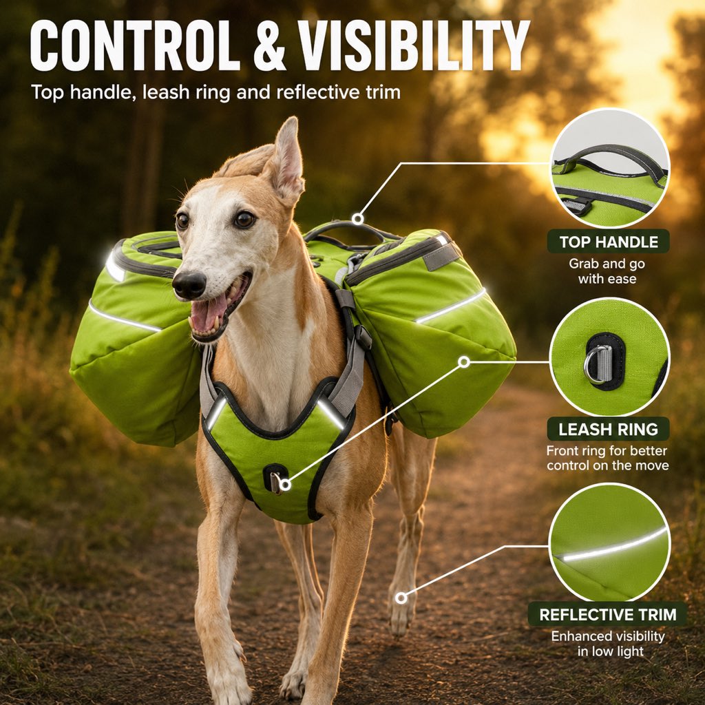 Malloren Dog Saddlebag Backpack Harness for Hiking & Camping - Hands-Free Storage for Water, Treats & Trail Essentials