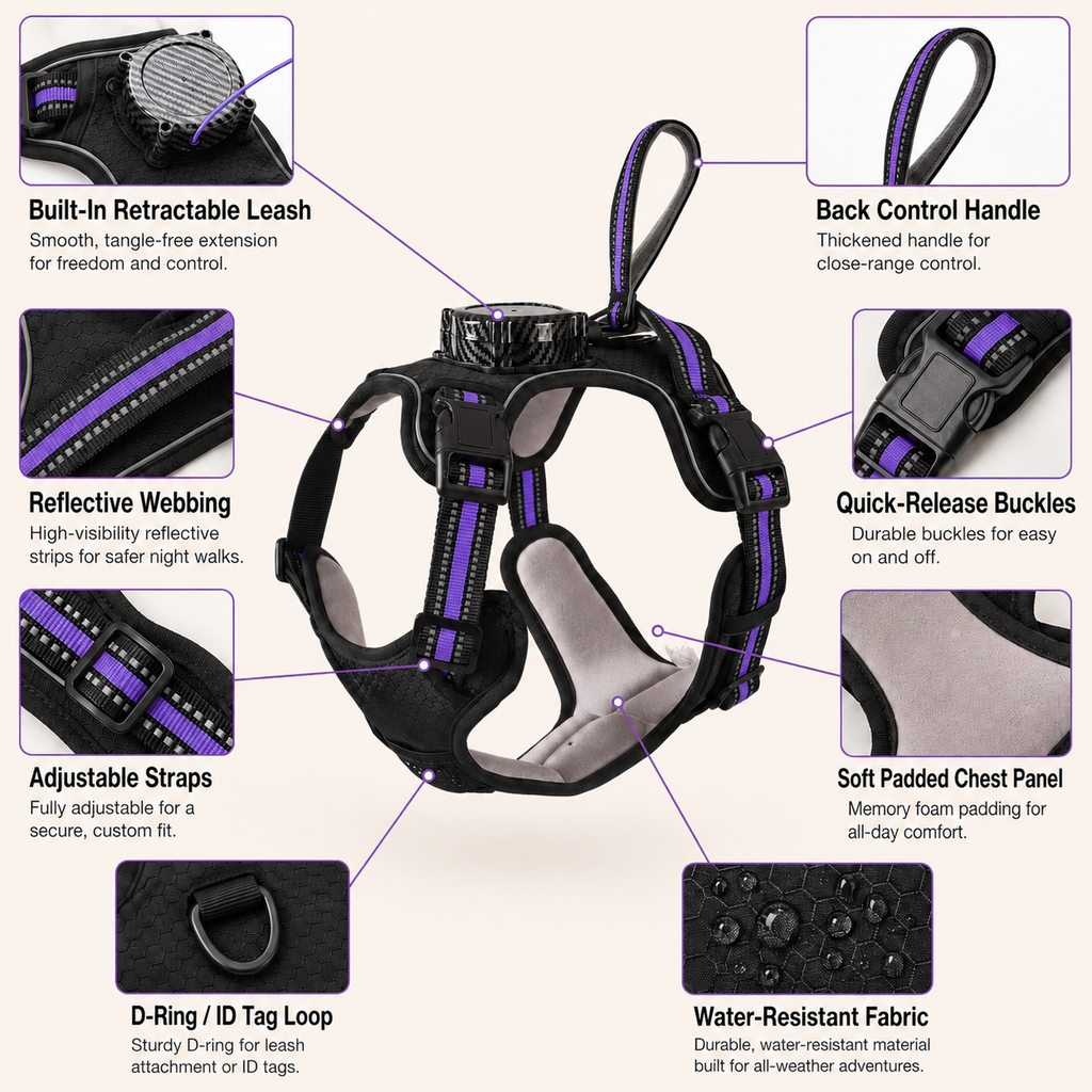 Malloren 2-in-1 Reflective Dog Harness with Built-In Retractable Leash for Daily Walks - Close Control for Pulling Dogs