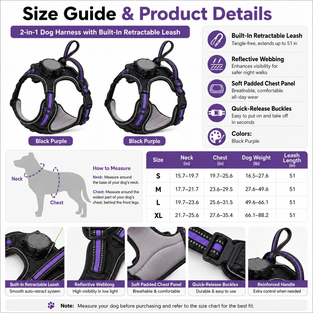 Malloren 2-in-1 Reflective Dog Harness with Built-In Retractable Leash for Daily Walks - Close Control for Pulling Dogs