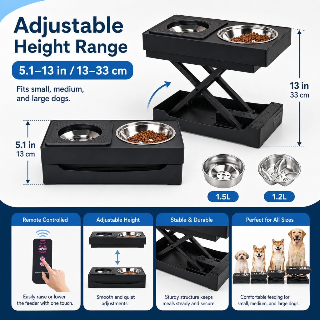 Malloren Remote-Control Adjustable Dog Feeding Station for Home Meals - Helps Reduce Neck Bending, Slow Fast Eating & Keep Floors Cleaner