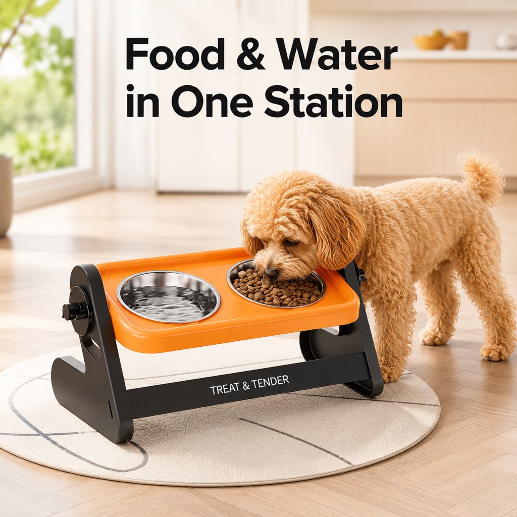 Malloren Adjustable Elevated Stainless Steel Pet Bowls for Cats & Small Dogs - Tilted Feeding Station for Easier Mealtime & Less Floor Mess