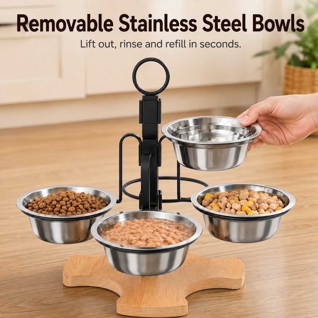 Malloren 4-Bowl Adjustable Elevated Pet Feeder for Cats & Small Dogs - Organized Food and Water Station
