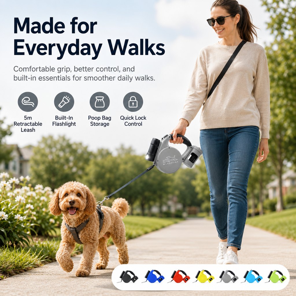 Malloren 3-in-1 Retractable Dog Leash for Night Walks - Built-In Flashlight & Poop Bag Holder for Easier, Cleaner Walks