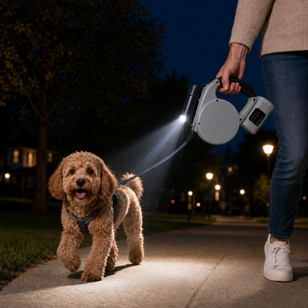 Malloren 3-in-1 Retractable Dog Leash for Night Walks - Built-In Flashlight & Poop Bag Holder for Easier, Cleaner Walks