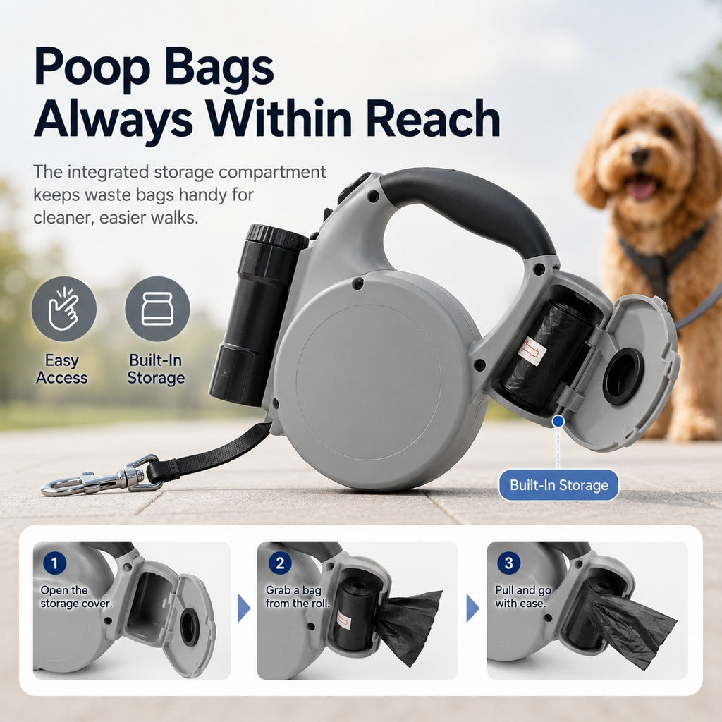 Malloren 3-in-1 Retractable Dog Leash for Night Walks - Built-In Flashlight & Poop Bag Holder for Easier, Cleaner Walks