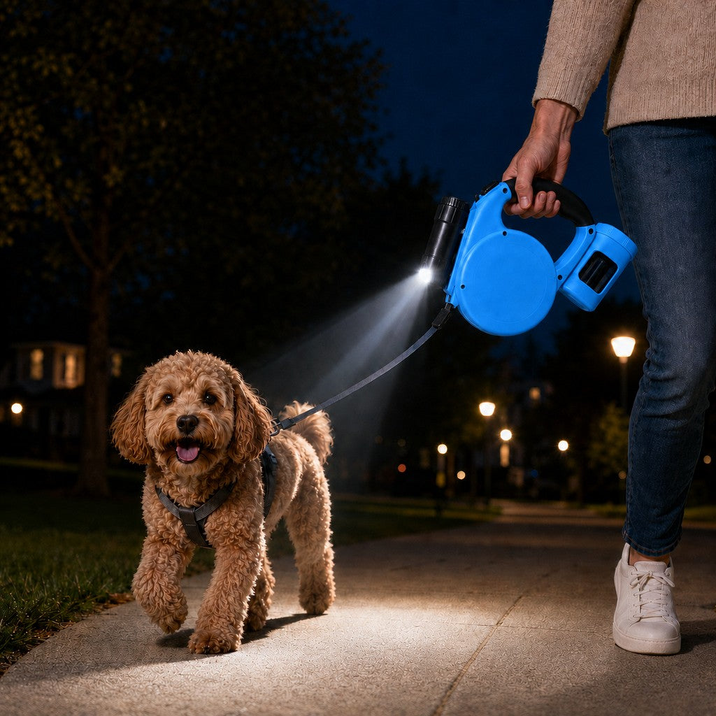 Malloren 3-in-1 Retractable Dog Leash for Night Walks - Built-In Flashlight & Poop Bag Holder for Easier, Cleaner Walks