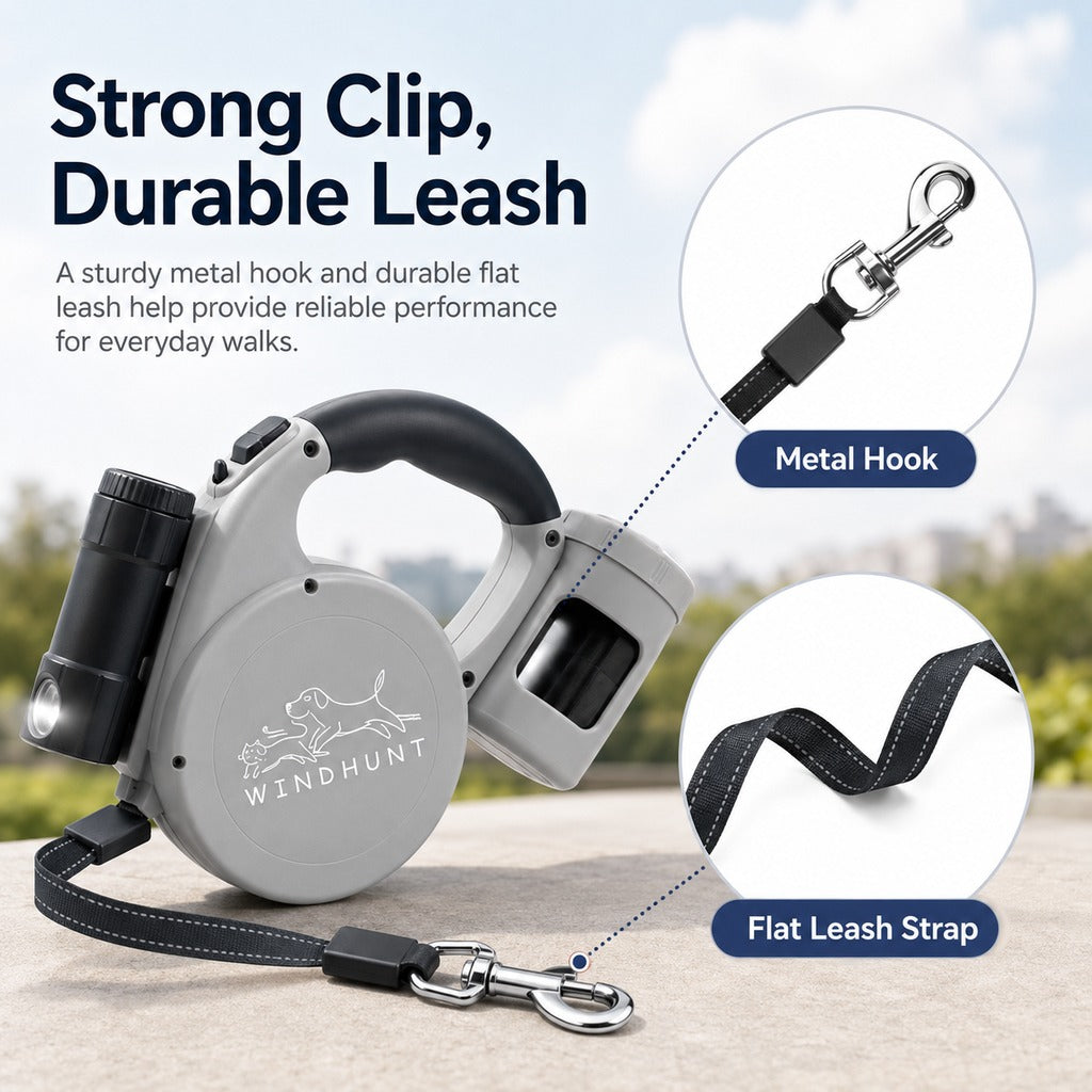 Malloren 3-in-1 Retractable Dog Leash for Night Walks - Built-In Flashlight & Poop Bag Holder for Easier, Cleaner Walks