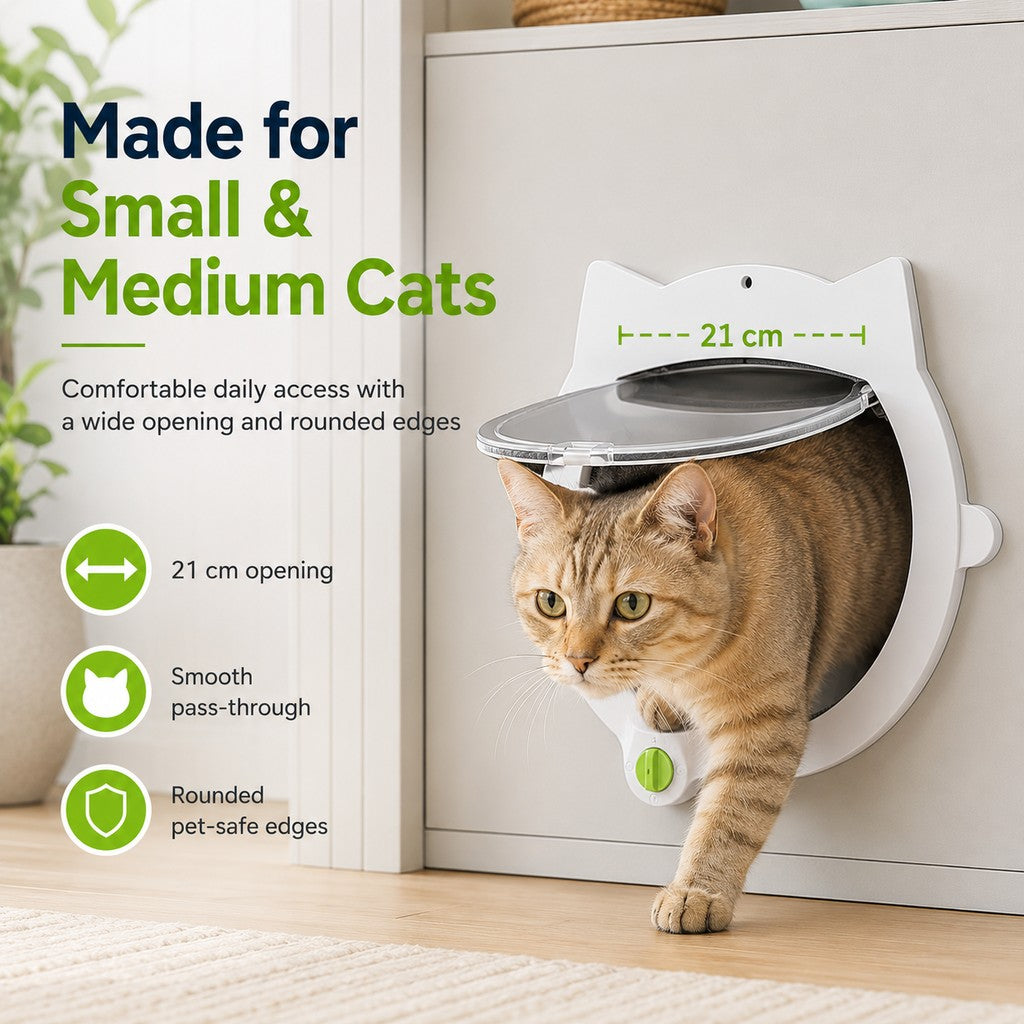 Malloren 4-Way Locking Interior Cat Door for Litter Box Cabinets & Rooms - Private Access Without Door Scratching