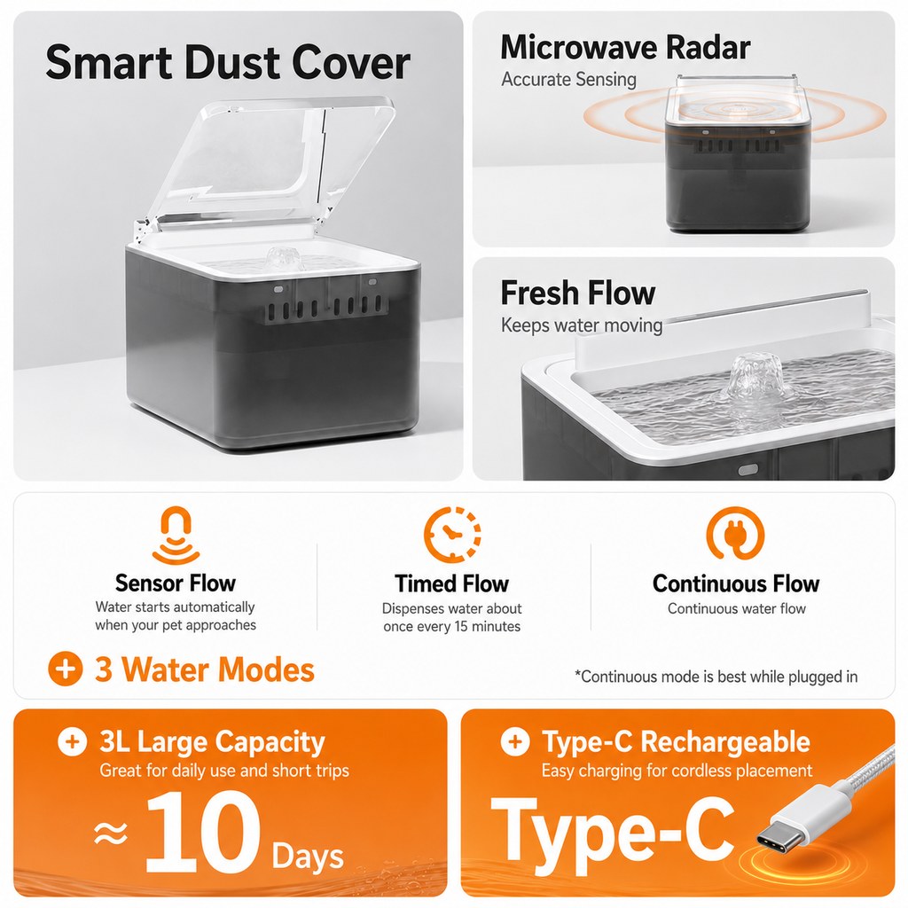 Malloren Smart Auto-Lid Cat Water Fountain for Busy Cat Parents - 3L Cordless Pet Water Dispenser with Dust Cover, Motion Sensor & Type-C Charging