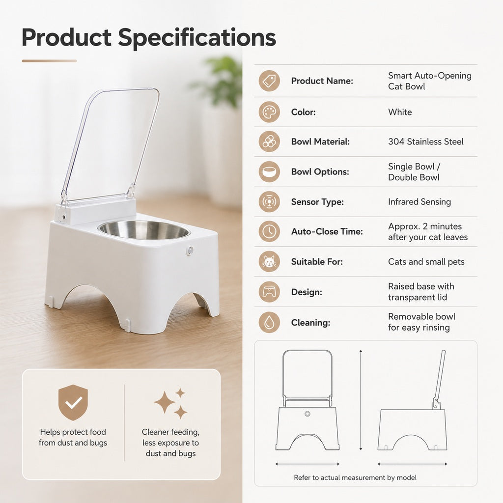 Malloren Smart Auto-Opening Covered Cat Bowl for Cleaner Indoor Feeding - Rechargeable Dustproof Cat Feeder