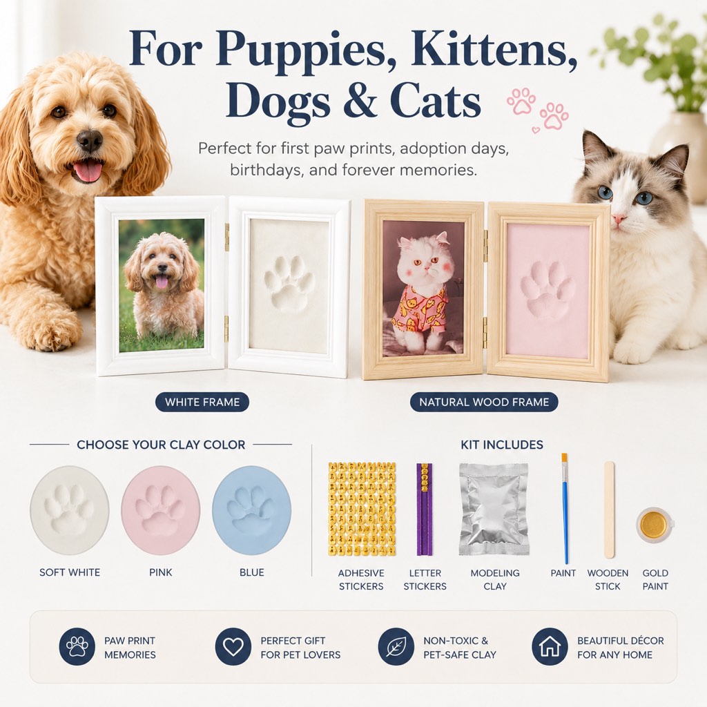 Malloren Pet Paw Print Frame Kit for Dogs & Cats - DIY Keepsake Photo Frame for Home Display, First Paw Memories & Pet Loss Sympathy Gift