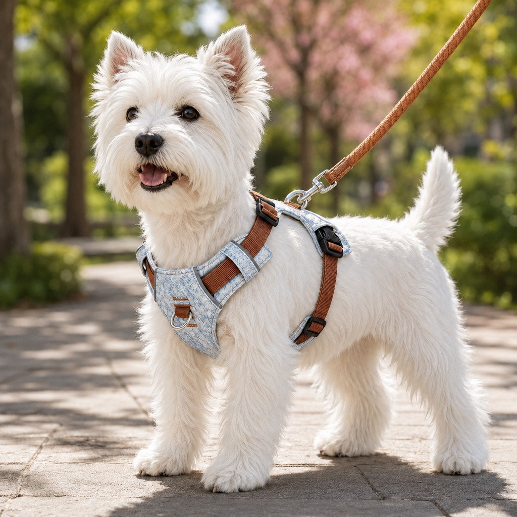 Malloren Vintage Denim No-Pull Dog Harness &5 ft Rope Leash Set - Soft Adjustable Vest for Everyday Walks, Better Control & Low-Light Visibility