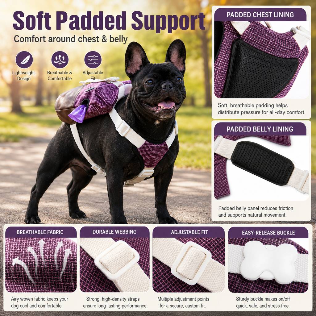 Malloren Frenchie Adventure Backpack Harness for Daily Walks - Carry Poop Bags, Treats & Keys Without Neck Pulling