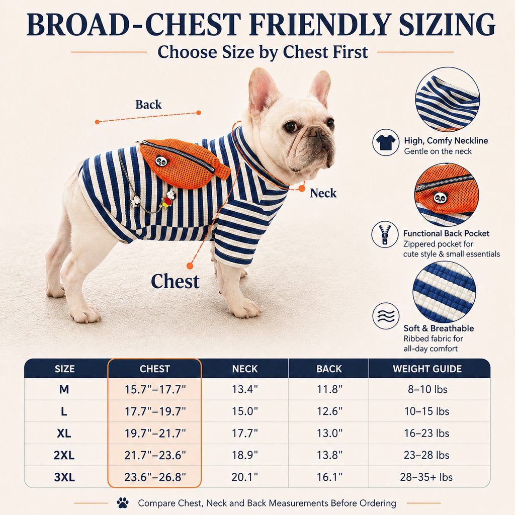 Malloren French Bulldog Striped Pocket Pullover for Cool Indoor Spaces & Easy Walks - Broad-Chest Sizing