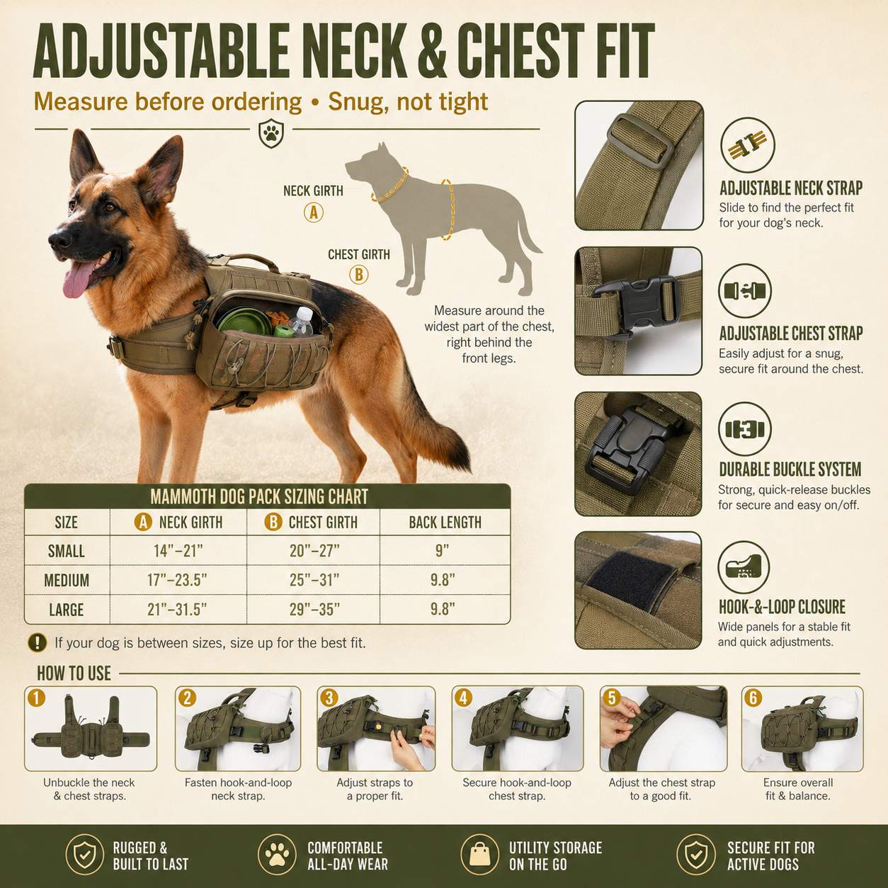 Malloren Tactical Dog Backpack Harness for Hiking, Camping & Daily Walks - Hands-Free Storage for Water, Treats & Poop Bags