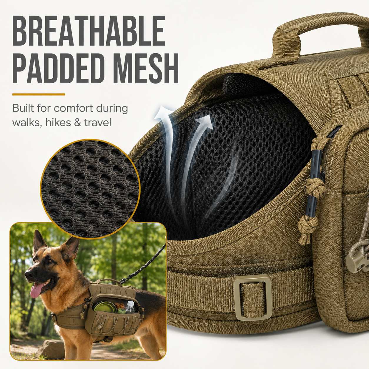 Malloren Tactical Dog Backpack Harness for Hiking, Camping & Daily Walks - Hands-Free Storage for Water, Treats & Poop Bags